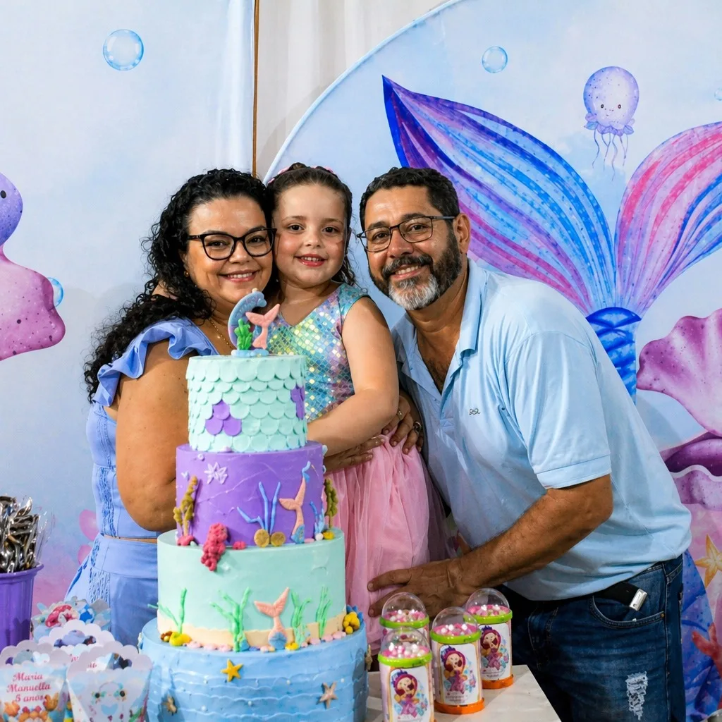 Casal e uma menina posam atrás de um bolo de três andares com tema de sereia, em uma festa de aniversário.